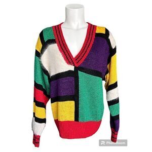 Vintage 1980's Women's Nannell‎ Geometric Knit Sweater V-Neck Multicolor Sz L